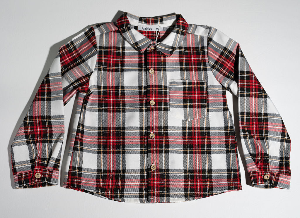 Boys Long Sleeve Plaid Shirt with Black Shorts