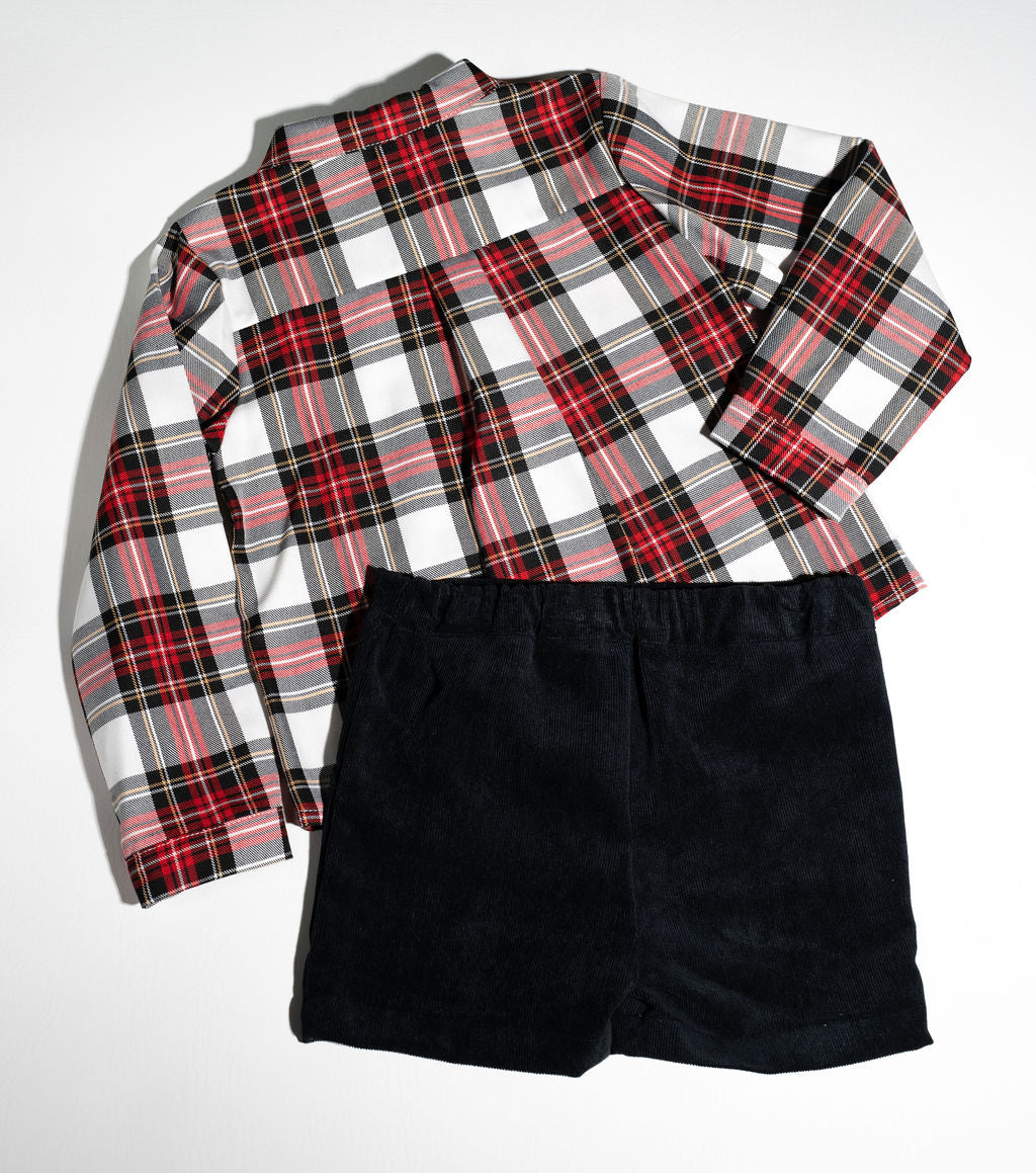 Boys Long Sleeve Plaid Shirt with Black Shorts