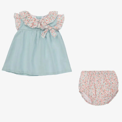 Girls Blue Dress with Floral Detail and Bloomers Babidu